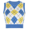 2021 Jacquard-Pullover mit V-Ausschnitt im britischen Stil Argyle Vest Knitwear Crop Top für Damen