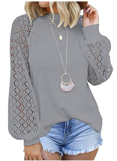 Popular lace long lantern sleeve round neck splicing design loose outfit women pullover top