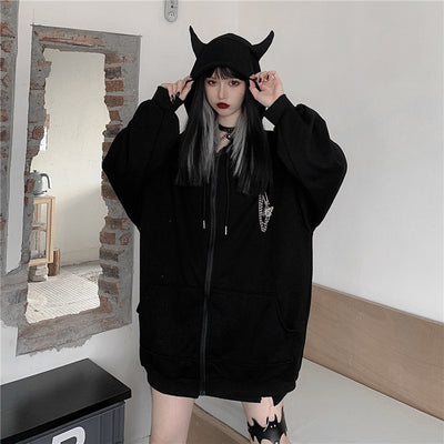 dark little devil hooded with horns zip-up long jacket loose velvet cardigan women cosplay costume