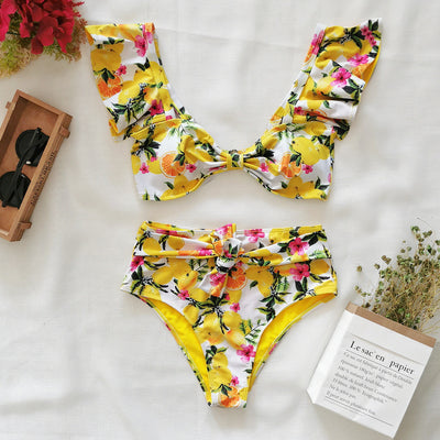 Split swimsuit women bikini ruffle sleeve bow knot floral print European style swimwear