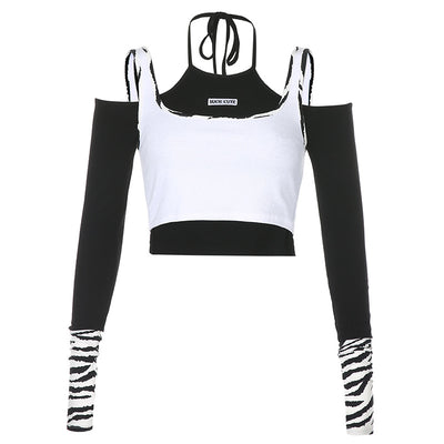 2021 Kontrastfarbe hängende Cami 2in1 gefälschte zweiteilige Ernte Top Zebradruck T-Shirt europäische Mode
