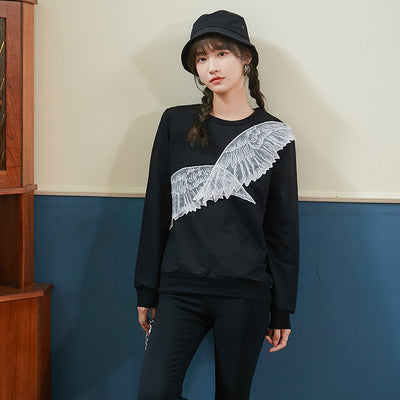 Der neue schwarze Pullover Embroidered Angel Wing Lace Applique Sweatshirt Pullover 2021