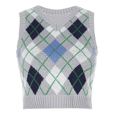 2021 Jacquard-Pullover mit V-Ausschnitt im britischen Stil Argyle Vest Knitwear Crop Top für Damen