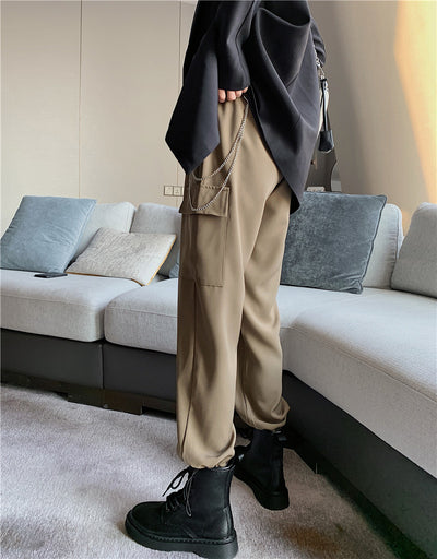 women loose sport high waisted slim fit tube legged versatile pants hipster fashion with chain