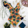 2021 Einteiliger Badeanzug Monokini Rüschen Asymmetrische Träger Hohe Taille Bikini mit Blumendruck und offenem Rücken