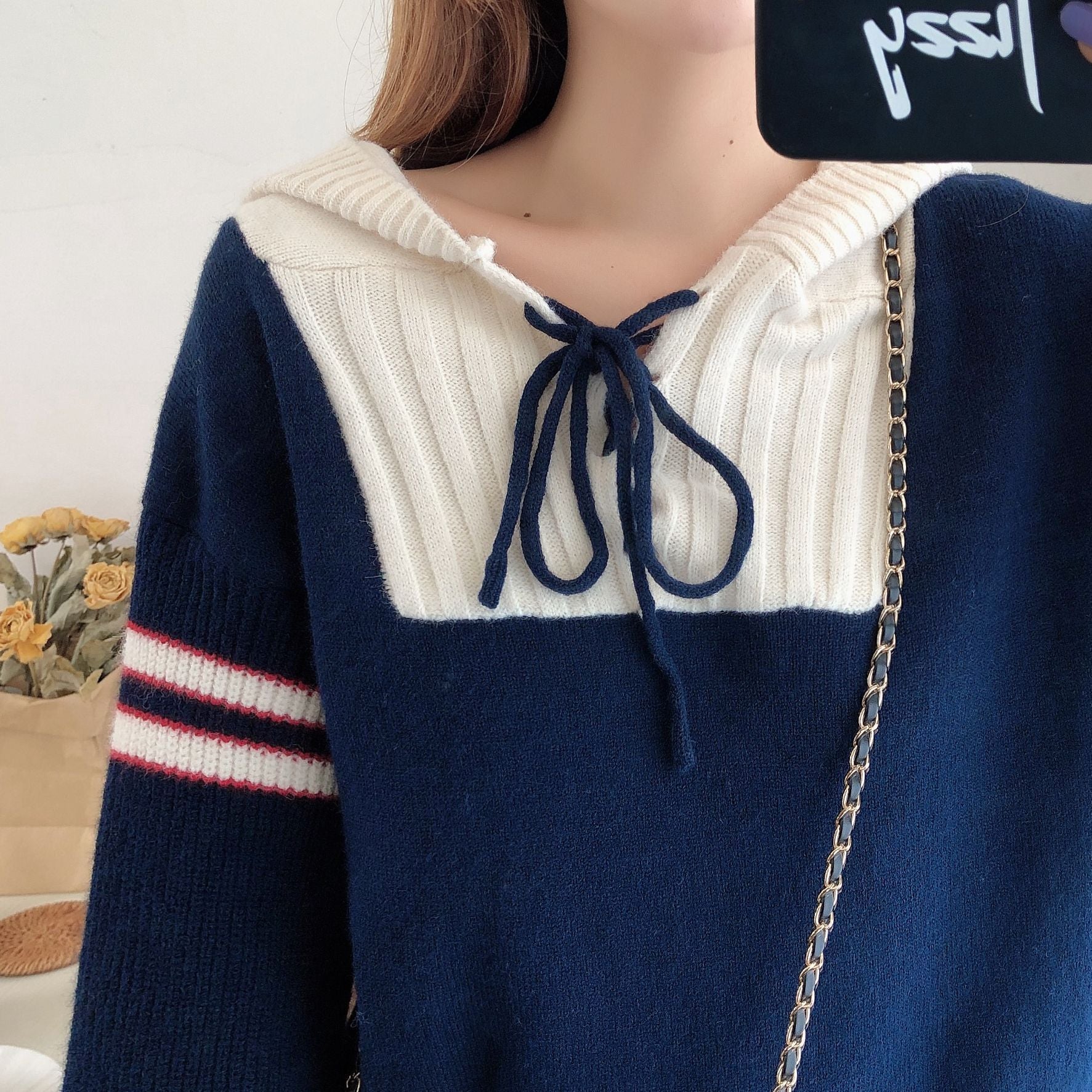 Woolen JK School Uniform Kapuzenpullover mit Kapuze Streifen gestrickter Pullover Quaste Loose Fit Pullover