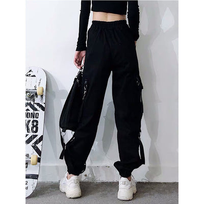Gothic multi-pockets bandages rings with chains overalls hip hop straight tube loose BF Harem cargo pants OOTD