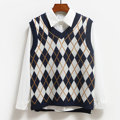2021 Long Loose Fit Jacquard V-Neck Sweater Argyle Vest Plaid Knitwear for Women