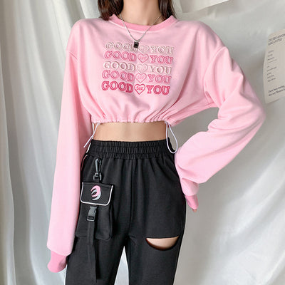 Crop Top Kawaii Puffärmel Pullover Hoodie Stickerei Liebe Herz Kordelzug Pullover