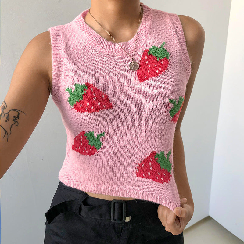 Sexy Wolle Cami Crop Top Wollweste Pink Strawberry Knitting Outfit Strickpullover für Mädchen