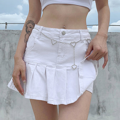 Women Retro washed denim pants high waisted slim A-line pleated mini skirt fish tail