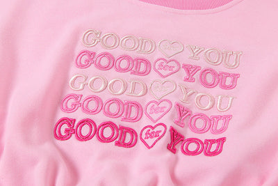 Crop Top Kawaii Puffy Sleeve Pullover Hoodie Embroidery Love Heart Drawstring Sweater