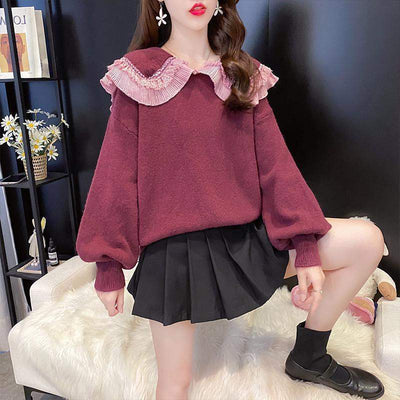 Loose Japanese retro sweater lace Chelsea collar women outfit top 2021 loose fit Pullover