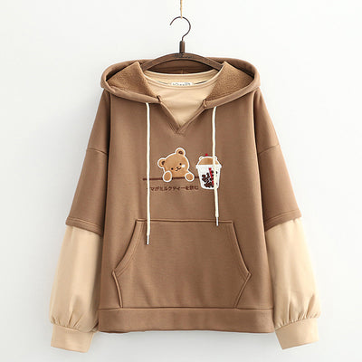 False 2in1 hooded sweatshirt with lining kawaii brown bear loose casual harajuku streetwear hoodie pullover