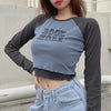 slim fit crop top street hipster 2in1 fake two piece print letters short Tee long sleeve T shirt for women