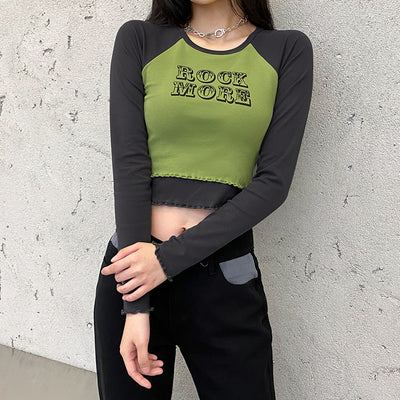 slim fit crop top street hipster 2in1 fake two piece print letters short Tee long sleeve T shirt for women