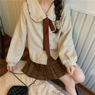 Brown kawaii college lolita doll shirt + tweed plaid skirt + cardigan sweater three piece set