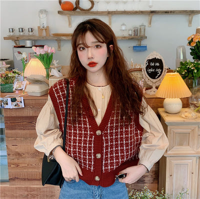 2021 spring autumn new retro vintage sweater vest top blouse loose outfit cardigan combination