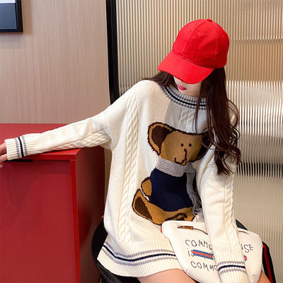 Loose Fit Long Sweater Knitwear with Bear in Scarf Kawaii Leisure fall winter for Femme 2021