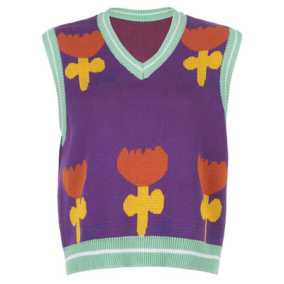 2021 spring turlip V neck jacquard knitted sweater top for women knitwear vest