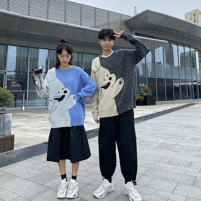 2021 koreanische Mode Harajuku Cartoon Bär locker sitzen warmen Pullover Strickpullover für Paare