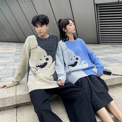 2021 korean fashion harajuku cartoon bear loose fit warm sweater knitwear pullover for couples