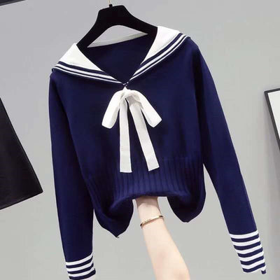 2021 Korean Fashion College Girl Sailor Style Strickwaren Loose Fit Outfit Pullover mit Schleifenpullover