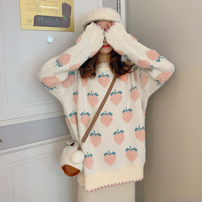 warm sweater pullover knitwear pink peach strawberry 2021 loose fit outfit women top