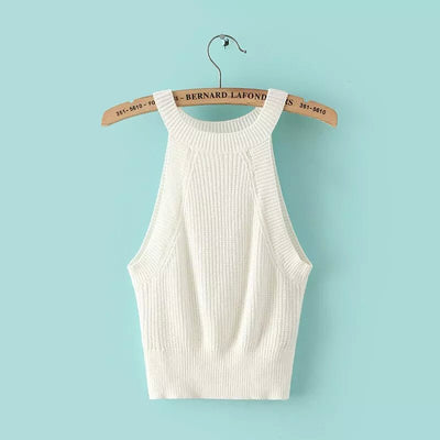 Slim fit small round neck narrow shoulder strap high waist short knitted woolen vest various colors for women