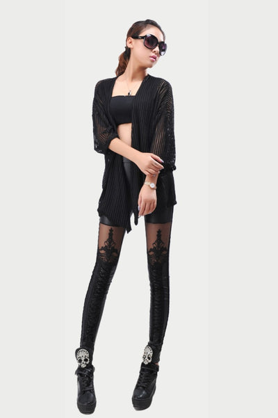 Gothic Lace Spleißen Kunstleder Legging Mesh Stitching Bondage Slim Fit Hose