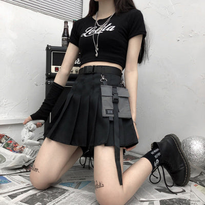 Hanging bag and belt Girl Worker Cosplay high waist pleated skirt cool dark with pocket