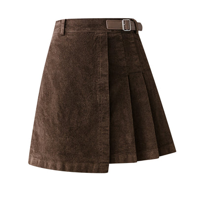 Corduroy pleated skirt A-line half skirt high waist slim fit irregular hem