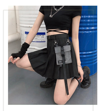 Hängende Tasche und Gürtel Girl Worker Cosplay Faltenrock mit hoher Taille kühl dunkel mit Tasche