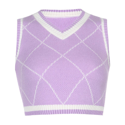 slim fit new college style wool vest knitwear color block knitwear crop top sleeveless cardigan