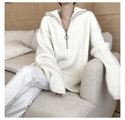 Chic boyfriend style high turtle neck collar zipper outfit long sweater warm shirt loose lazy style