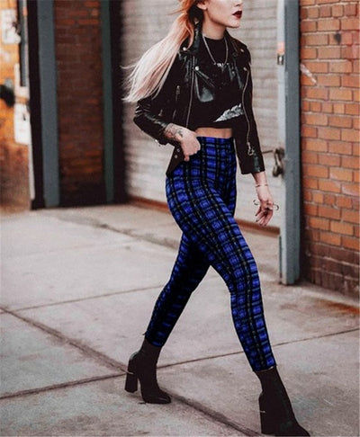 2022 checkered plaid high waisted women leggings casual chic stretch pencil pants capris length plus size