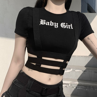 Europäische sexy Slim Fit Baby Mädchen gedruckt T-Shirt unregelmäßig hohl geschnittenen Crop Top T-Shirt