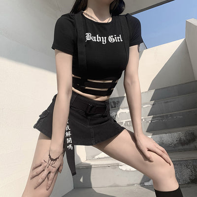 Europäische sexy Slim Fit Baby Mädchen gedruckt T-Shirt unregelmäßig hohl geschnittenen Crop Top T-Shirt
