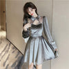 Retro vintage Korea palace style flared sleeves beaded mesh velvet small black skirt French Hepburn dress
