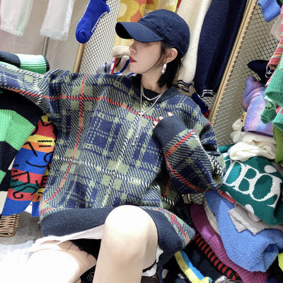 2021 Christmas Seasonal Loose Fit Knitwear Plaid Urban Leisure Sweater Checkered Pullover
