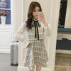 French fake 2 piece long-sleeved jacquard plaid woolen tunica skirt