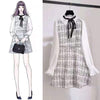 French fake 2 piece long-sleeved jacquard plaid woolen tunica skirt