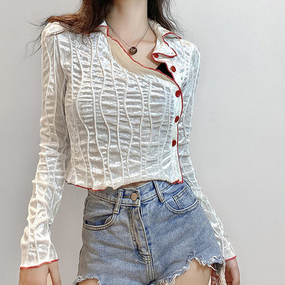 European women lapel collar cover placket creased shirt slim fit Tee Top