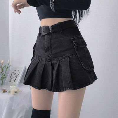 High waist elastic denim A-line pleated skirt with side pockets gothic streetwear