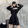 Gothic grunge high collar shoulder cape BF sweater sling embroidered knitted corduroy dress set