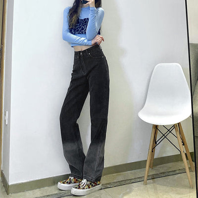 2022 gradient color high waist loose casual straight jeans denim pants with heart shaped deco