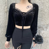 Women sexy slim fit dew umblical drawstring mesh trim lantern sleeves velvet gothic shirt