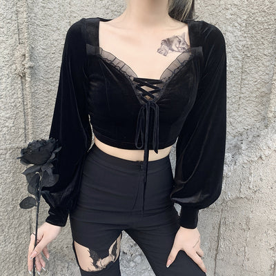 Women sexy slim fit dew umblical drawstring mesh trim lantern sleeves velvet gothic shirt