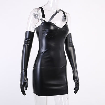 2022 PU sexy short skirt leather skirt bustier halter tight dress set gloves for women
