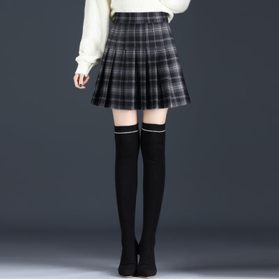 Dark woolen pleated skirt high waist slim fit a-line skirt college style for girls plus size dress